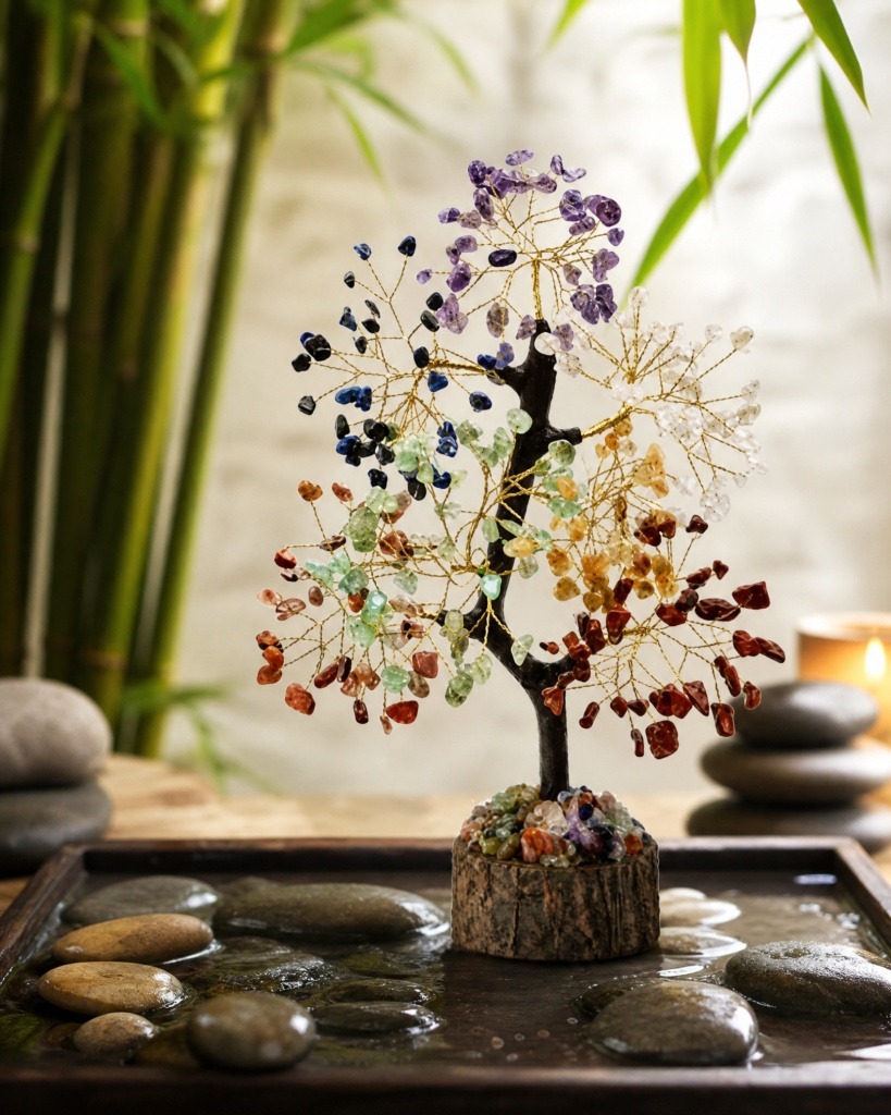 7 chakra crystal tree on a zen tray with stones and bamboo