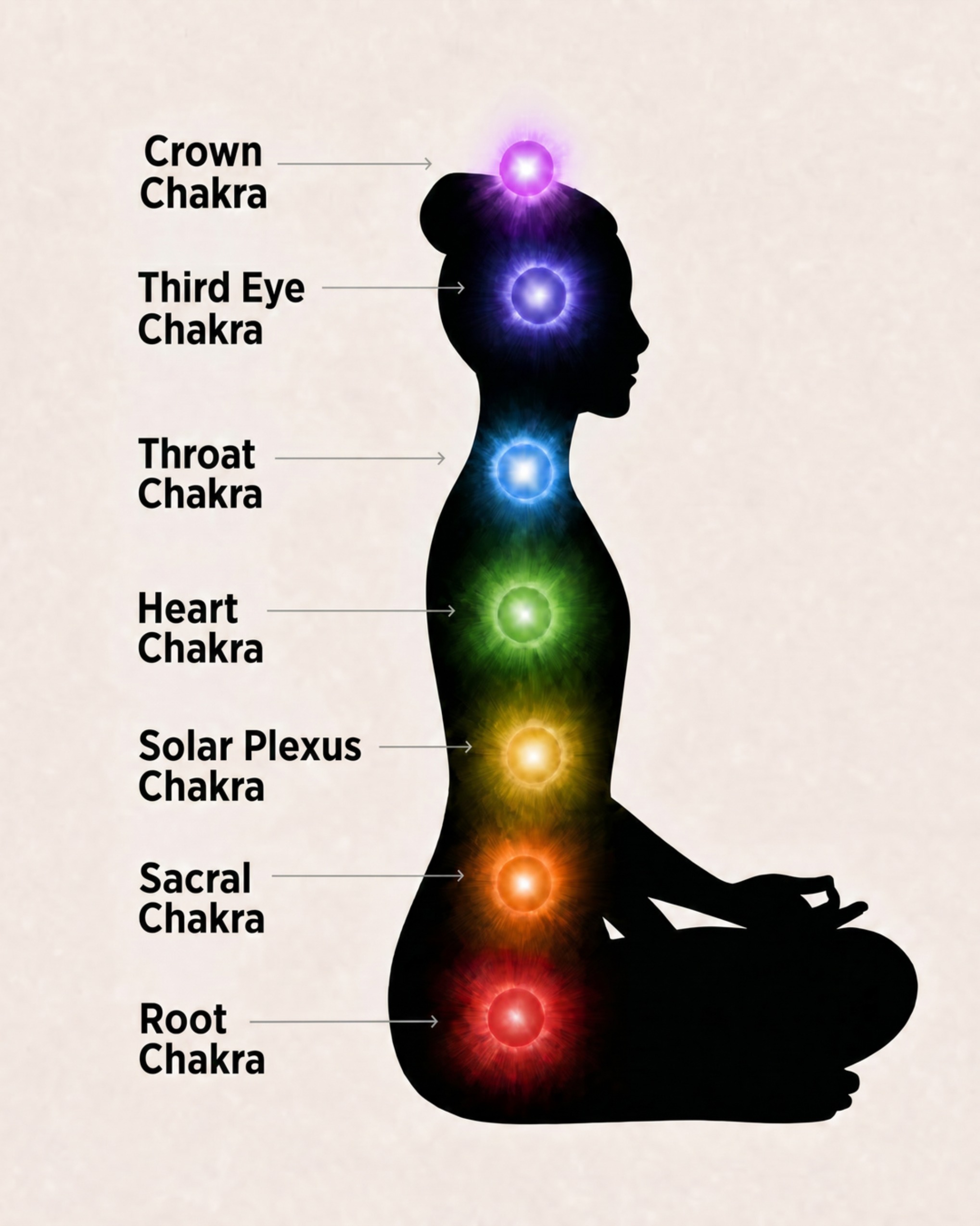 Diagram showing the seven chakras along the body from root to crown