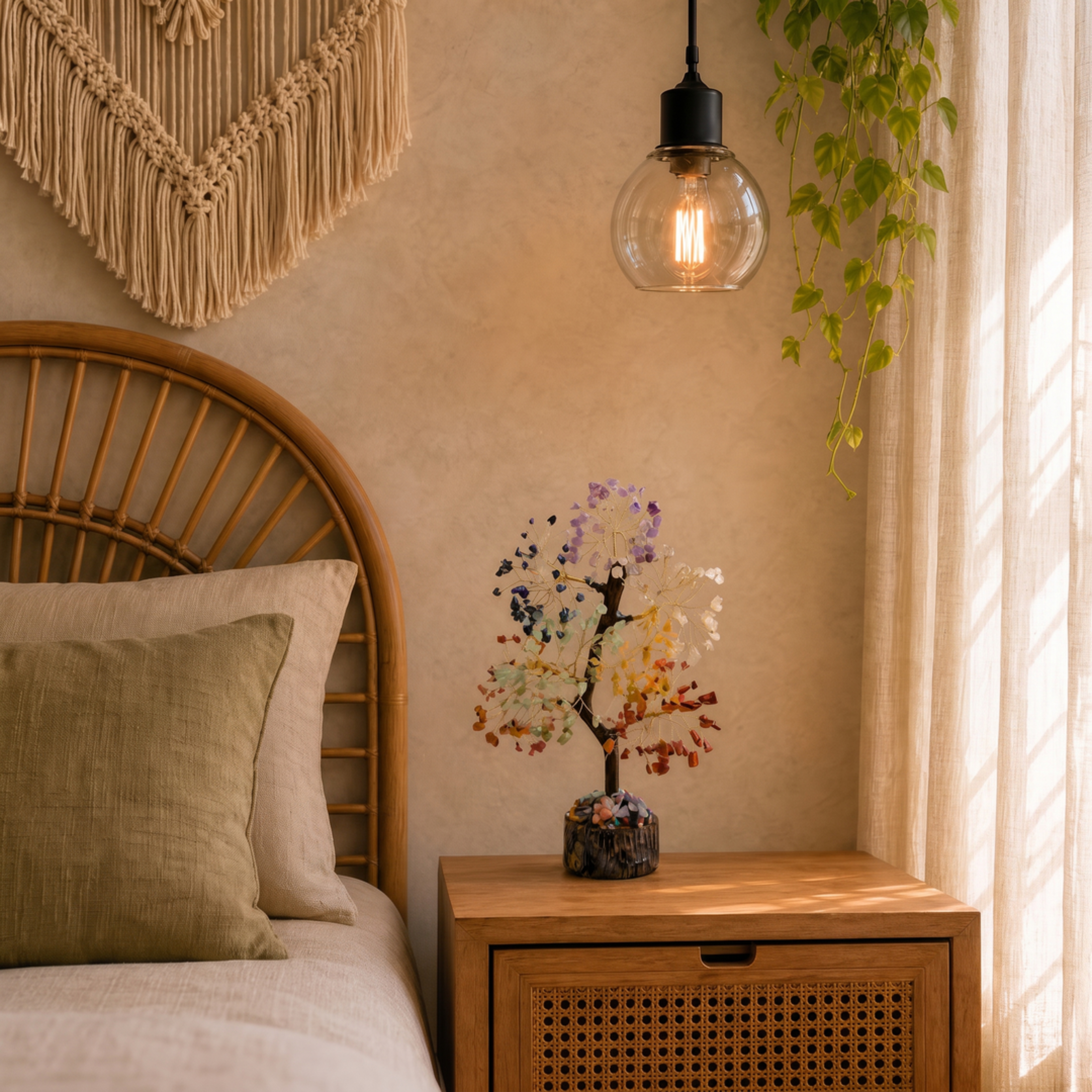 Chakra crystal tree on a wooden nightstand beside a bed with warm pendant lighting