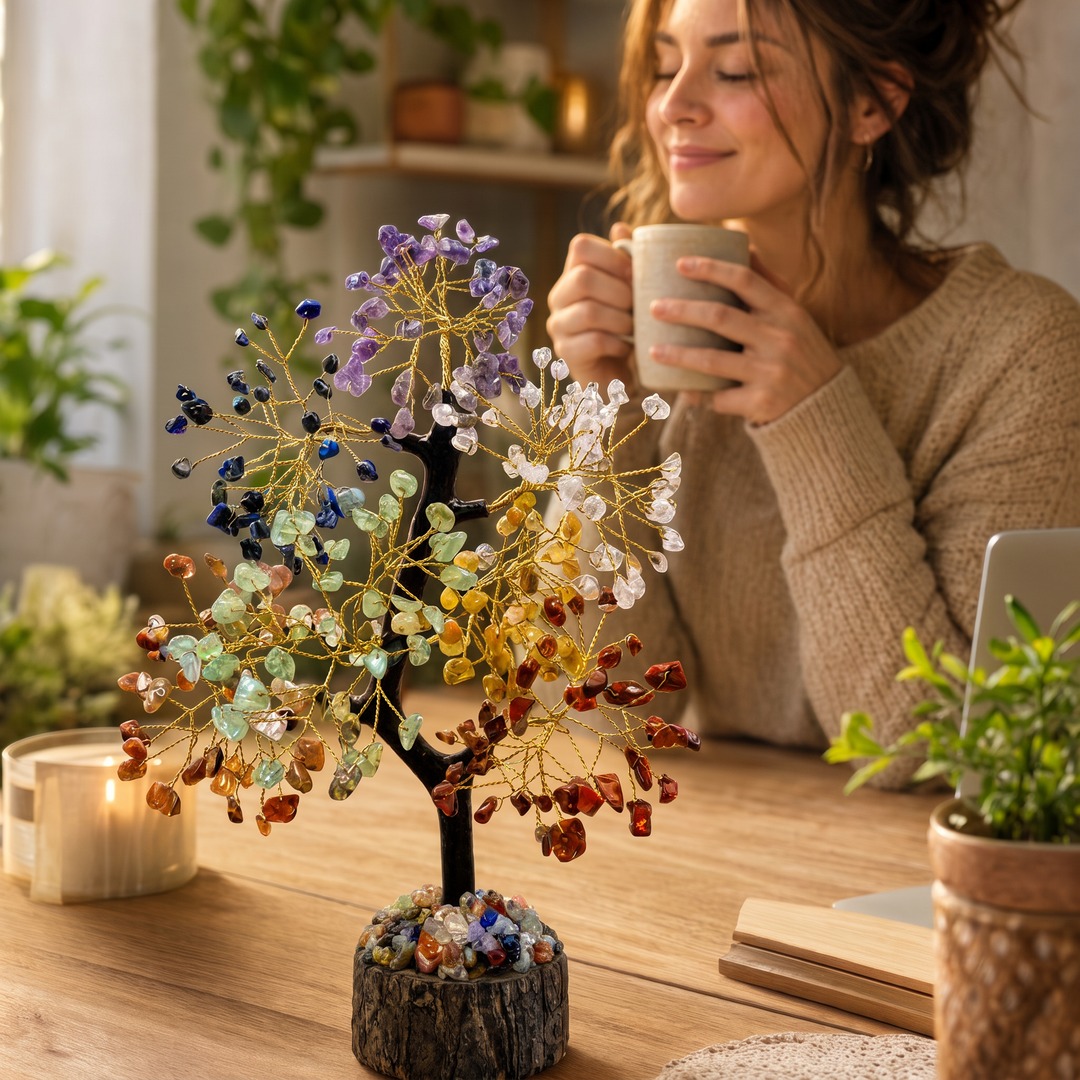 Woman enjoying coffee at her desk with a chakra crystal tree in the foreground
