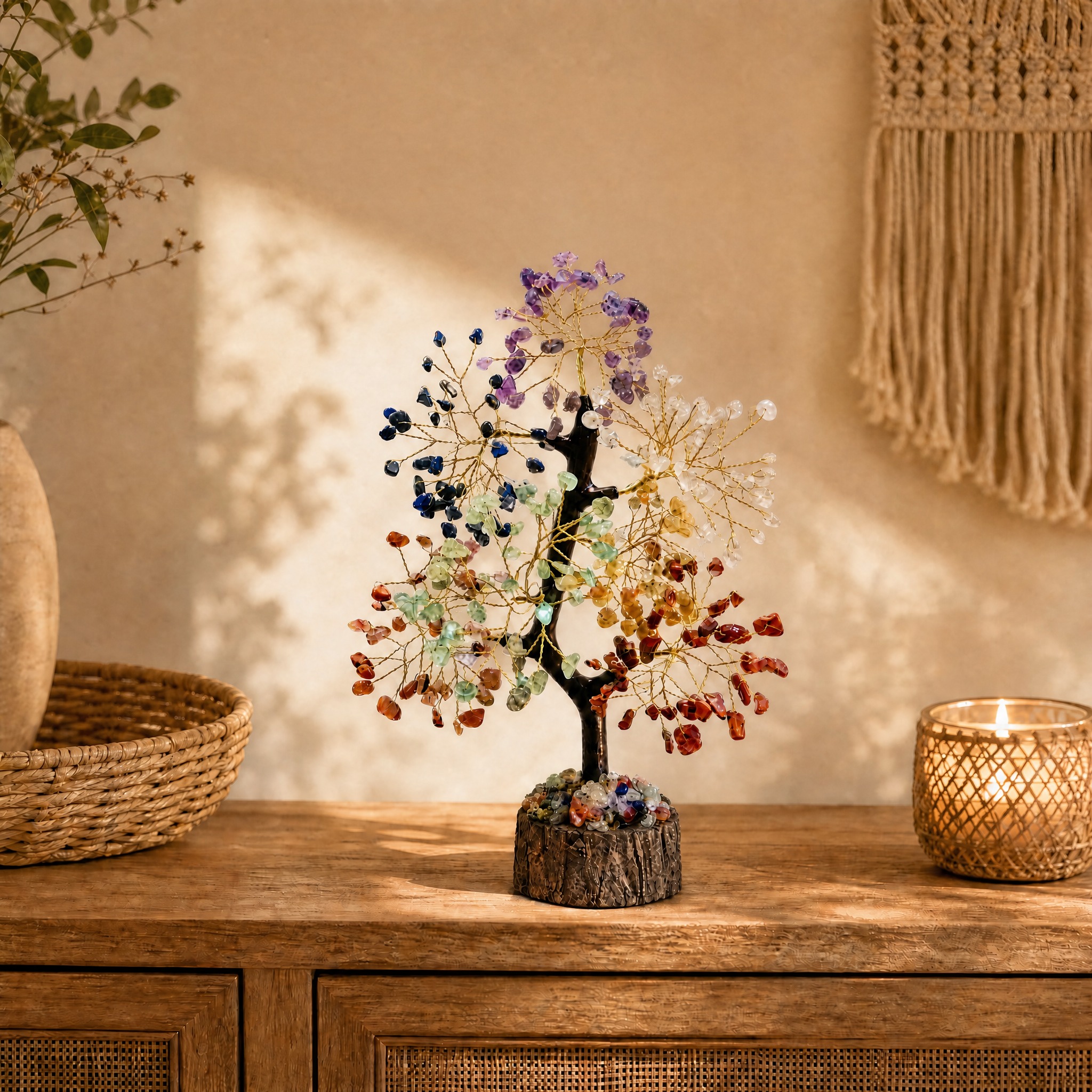Crystal tree on a wooden shelf with candle and woven basket in a warm living room