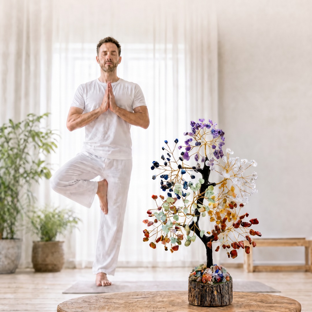 Man practicing yoga tree pose with a chakra crystal tree in the foreground in a bright meditation space